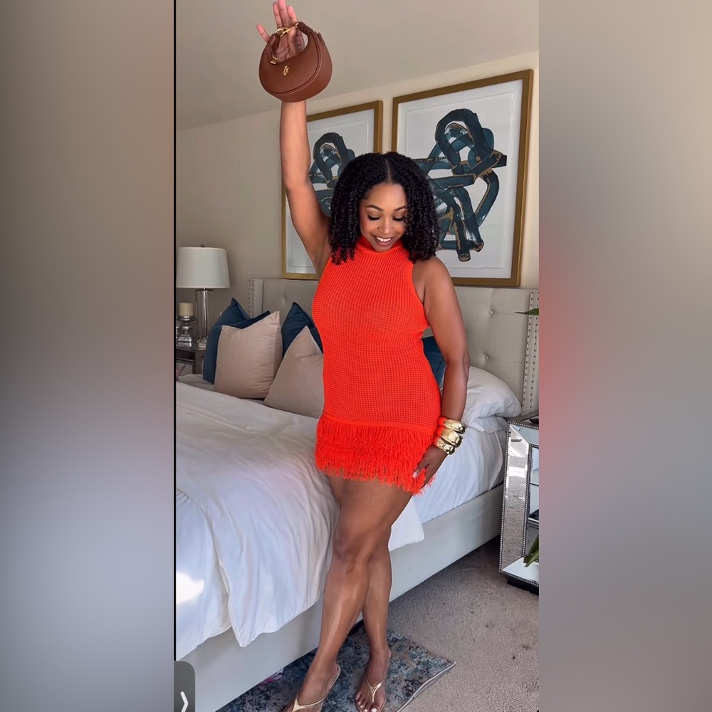 Micas‎ Sleeveless Orange Knit Dress with Fringe - Picture 7 of 16